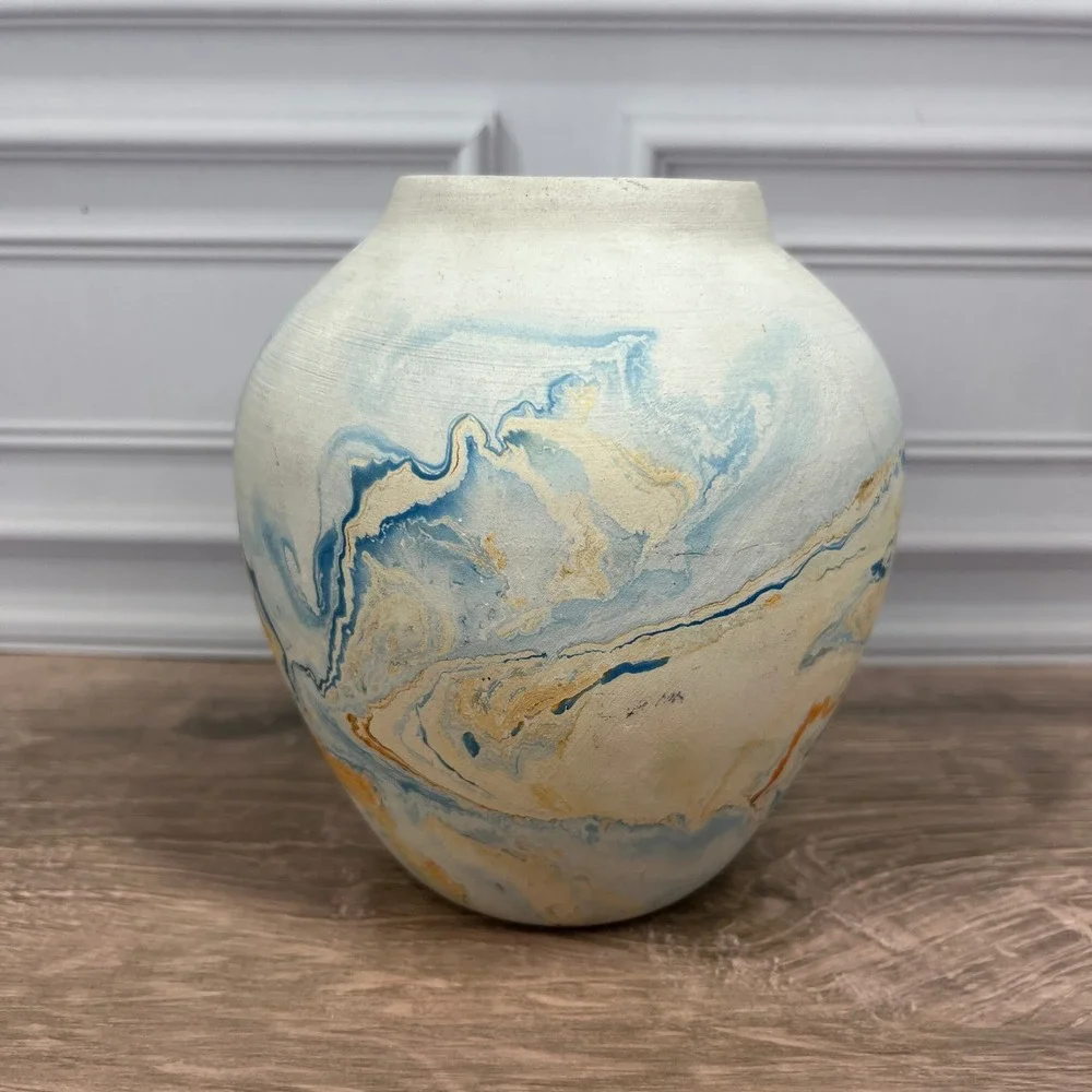 Nemadji Pottery Bud Vase 5 in Cream Blue Orange Marbled Swirl Made in USA